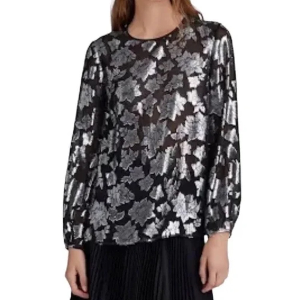 Club Monaco Metallic Pattern Silk Blend Semi Sheer Blouse In Floral Print - XXS